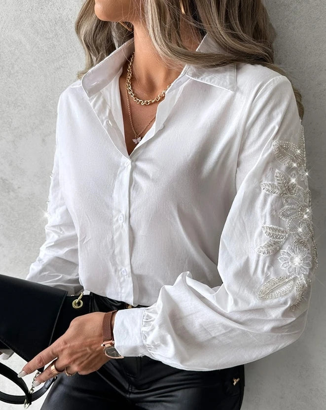 Maxy Autumn Spring Fashion Casual Female Clothing T-Shirts Pullover Tops Elegant Blouses Floral Sequin Embroidery Buttoned Top