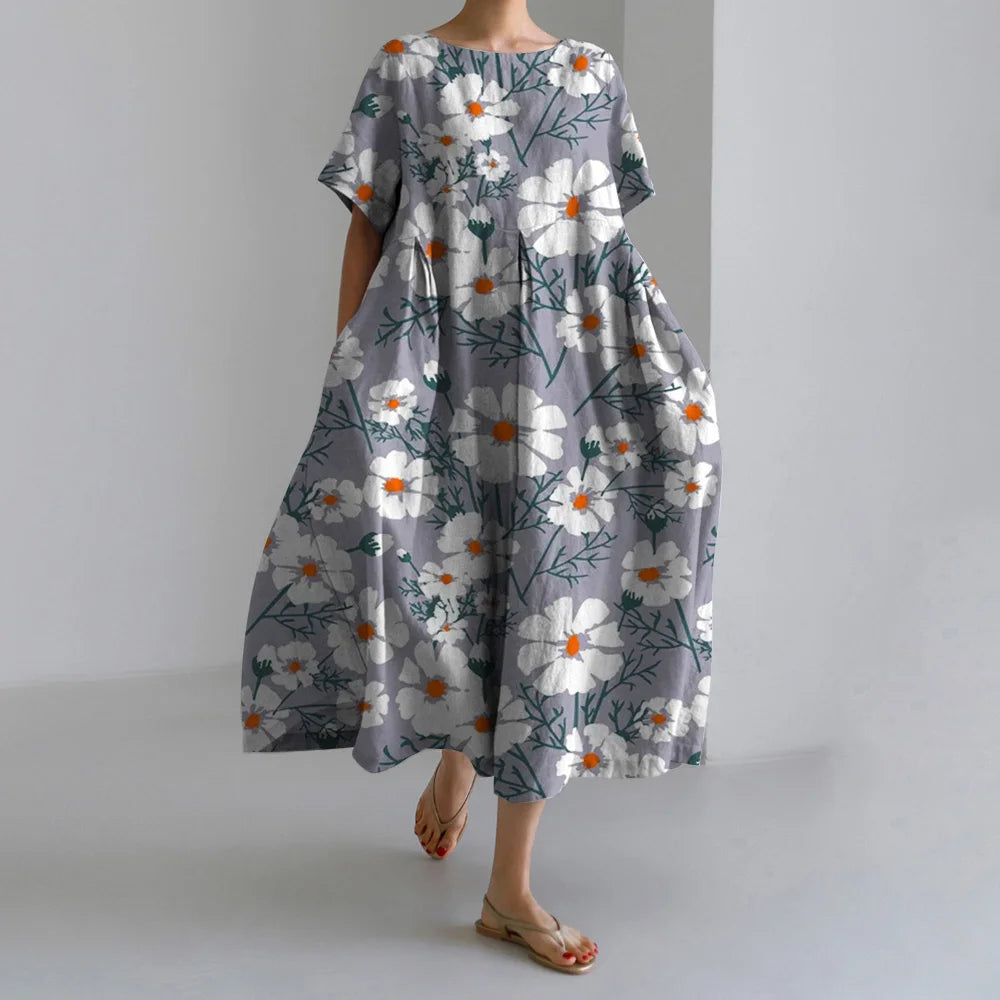 Maxy Summer New Bohemian Casual Dresses Vintage Women's Cotton Printed Dresses Womens Floral Long Dresses Round Neck Pullover Dresses