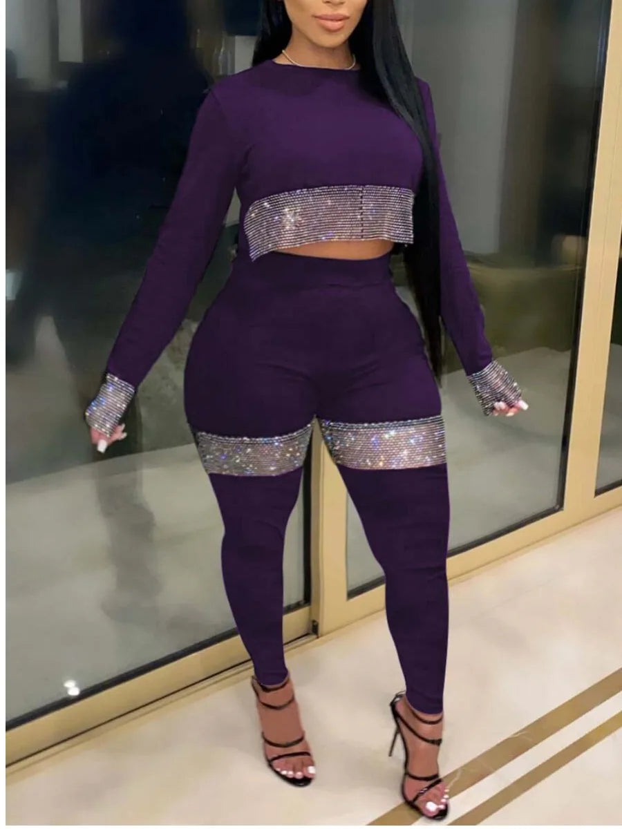Maxy Plus Size Two Pieces Set Crop Top See Through Sequined Pants Set Autumn New Fashion Women's Long Sleeve Top Skinny Pants Set