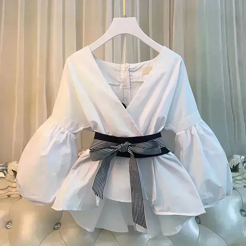 Maxy Women Elegant V-Neck Stripe Lantern Sleeve Bow Belt Trend Slim Chiffon Shirt Top And Korean Ripped Jeans Office Lady Casual Suit