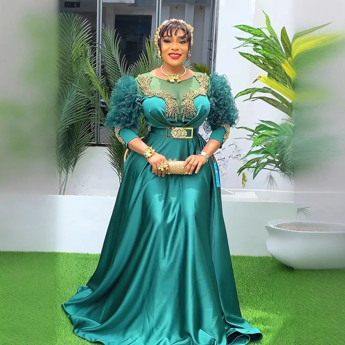 Amay Women Party Evening Dress Luxury Lace Sleeve High Waisted Plus Size Gown Ankara Wedding Outfits Muslim Sequin Maxy Dress