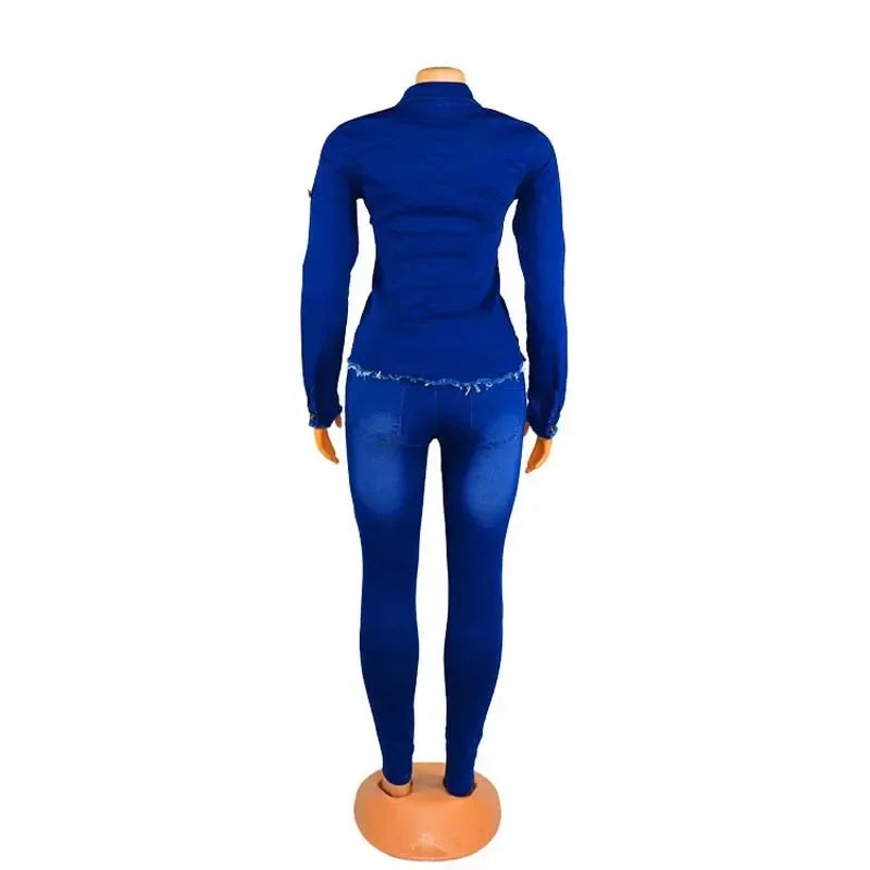 Maxy Casual Denim 2 Piece Set Jeans Suit Women Blue Long Sleeve Jeans Jacket Long Pants Slim Tracksuit Outfits 2024 Spring Autumn
