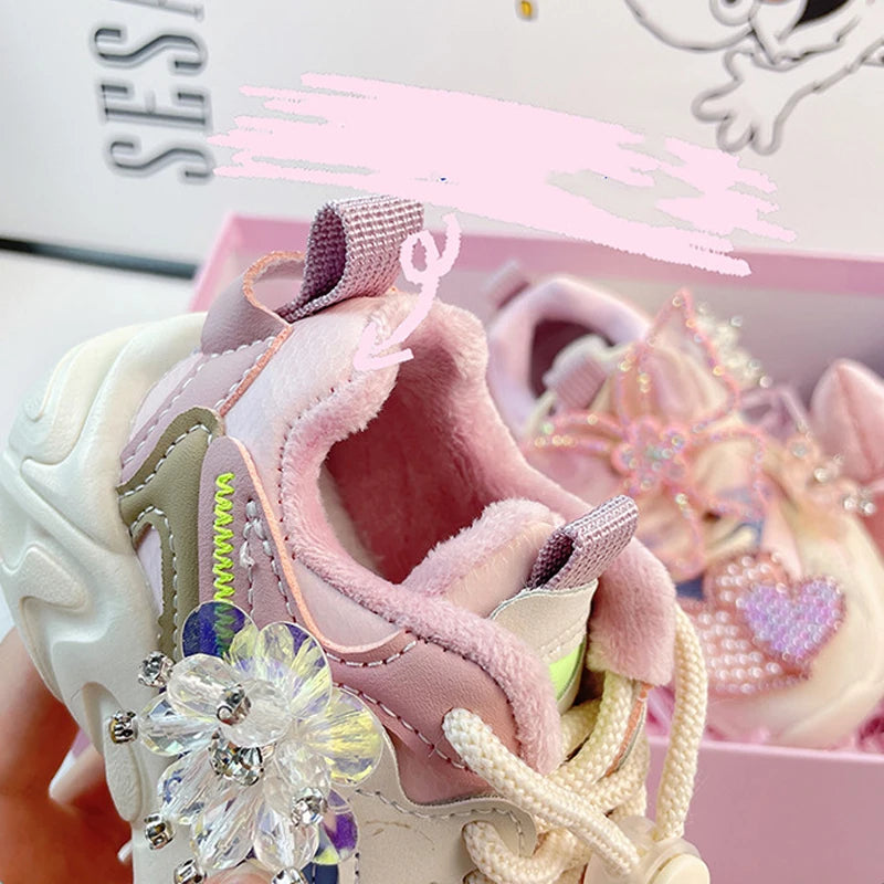 Maxy Girls Sneakers Autumn Winter Kids Fashion Brand Princess Running Sport Shoes Toddler Flats Children Warm Crystals Soft Sole