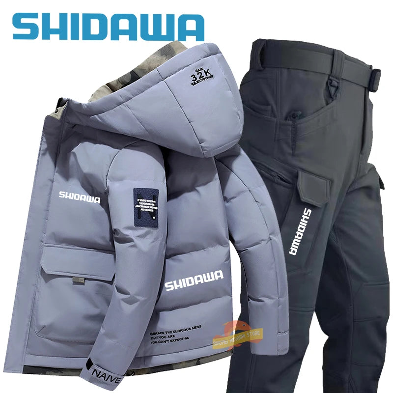 Maxy New Fishing Suit Men Winter Down Clothing Windproof and Coldproof Mountain Climbing Jacket + Waterproof Warm Pants Two-piece Set