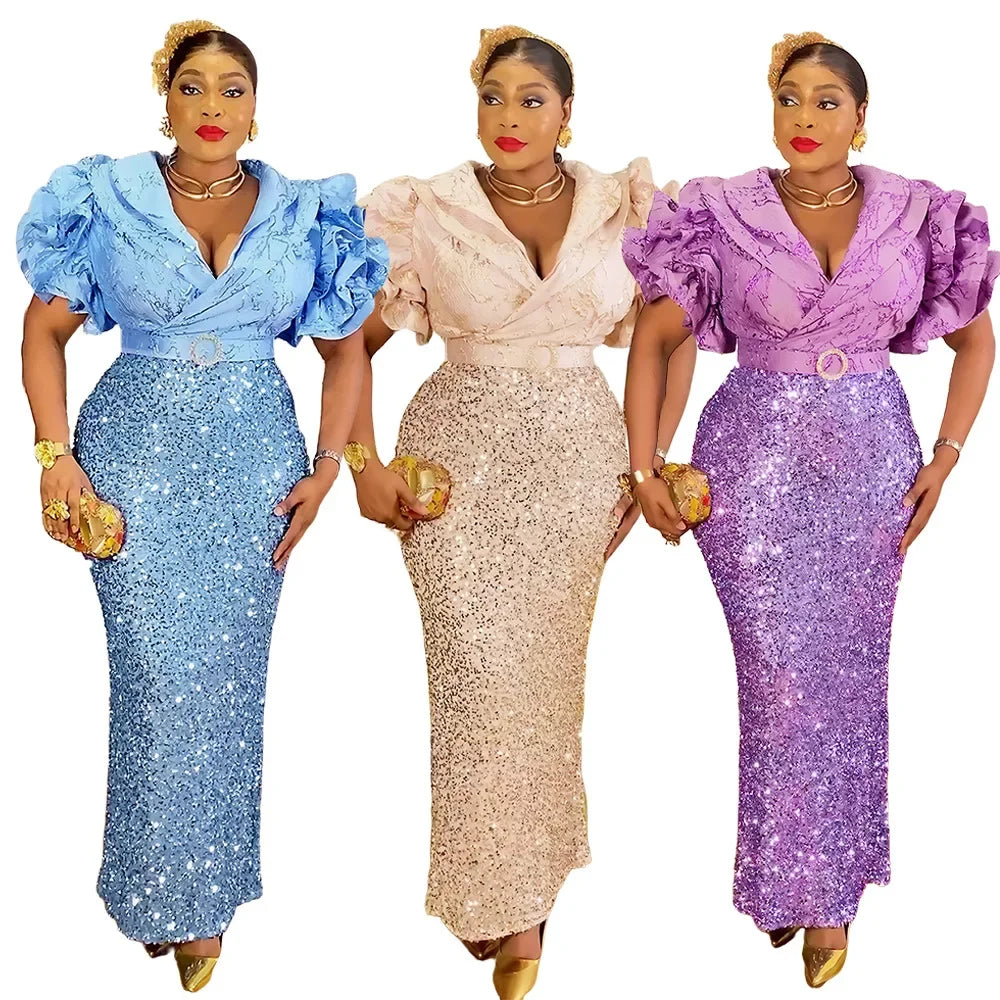 Amay Plus Size Evening Dresses for Women Luxury Sequin Gown Elegant Turkey Wedding Party Long Dress Ankara Ladies Clothing