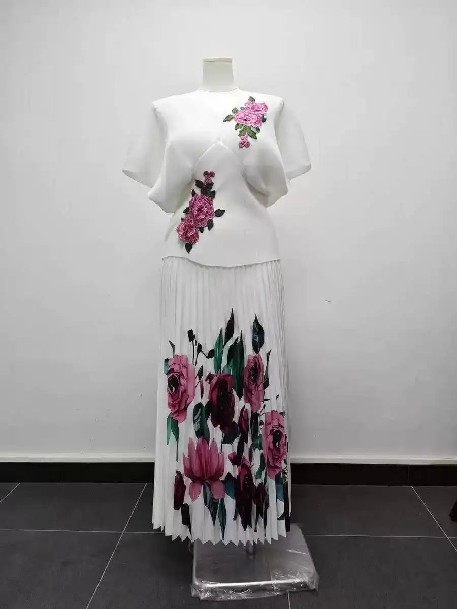 Amay Design Sense Fashionable Heavy Industry Printed Short Sleeve Waist Thin Organ Pleated Splicing Printed Dress 2AN5106