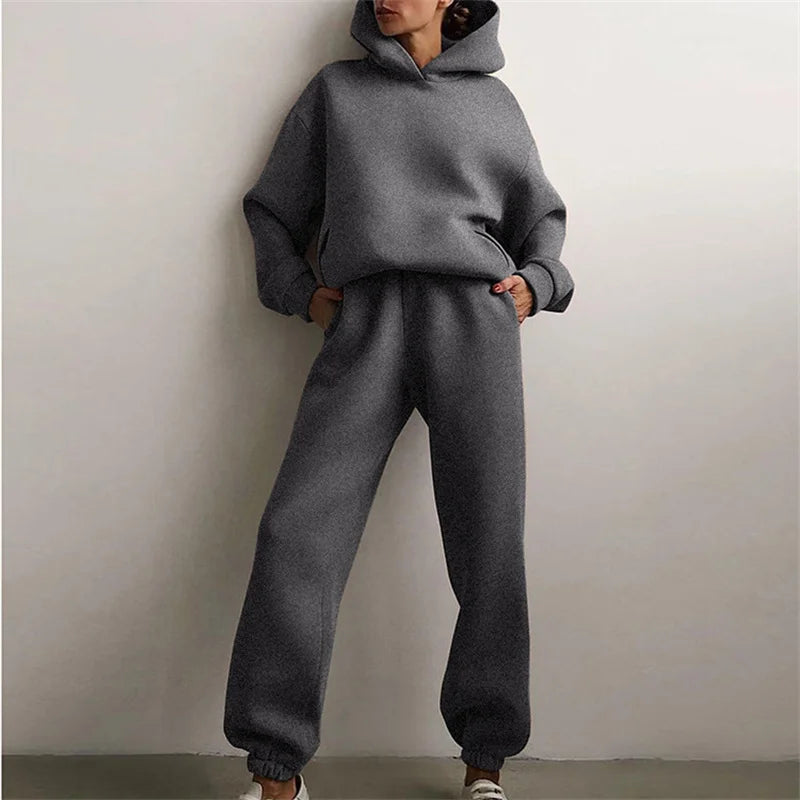 Maxy Women's Oversized Tracksuit Set Warm Autumn Fashion Hoodie Sweatshirts & Long Pants Casual Two-Piece Solid Hoody Pullover Outfit