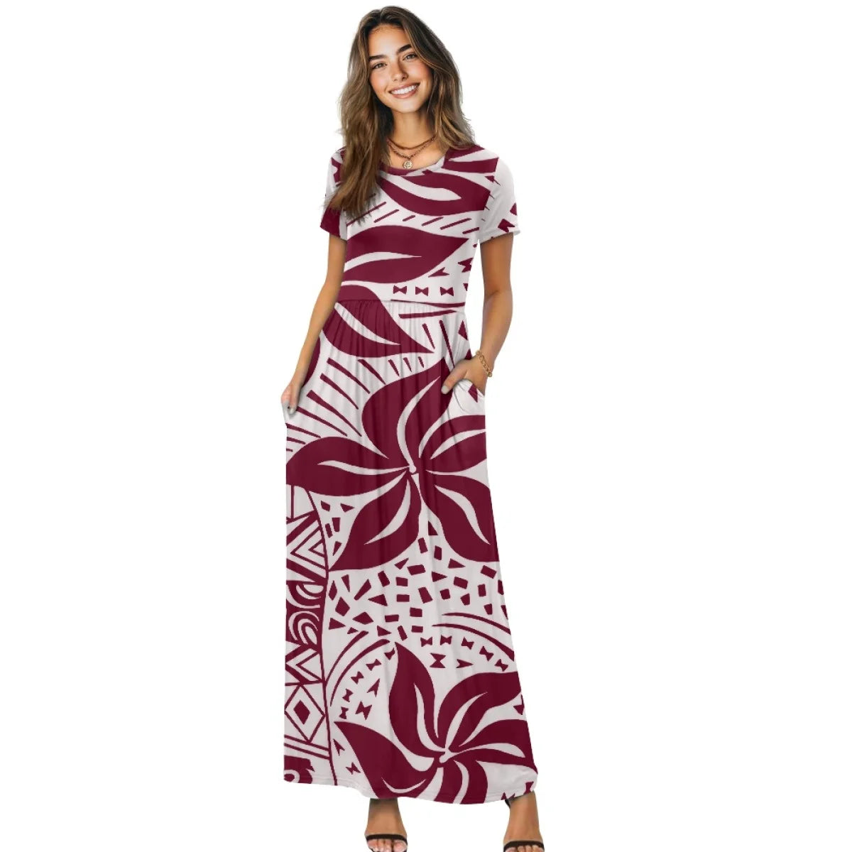 Maxy New Plumeria Style Short Sleeve Pleated Casual Dress Polynesian Loose Pocket Long Dress Women's Casual Comfortable