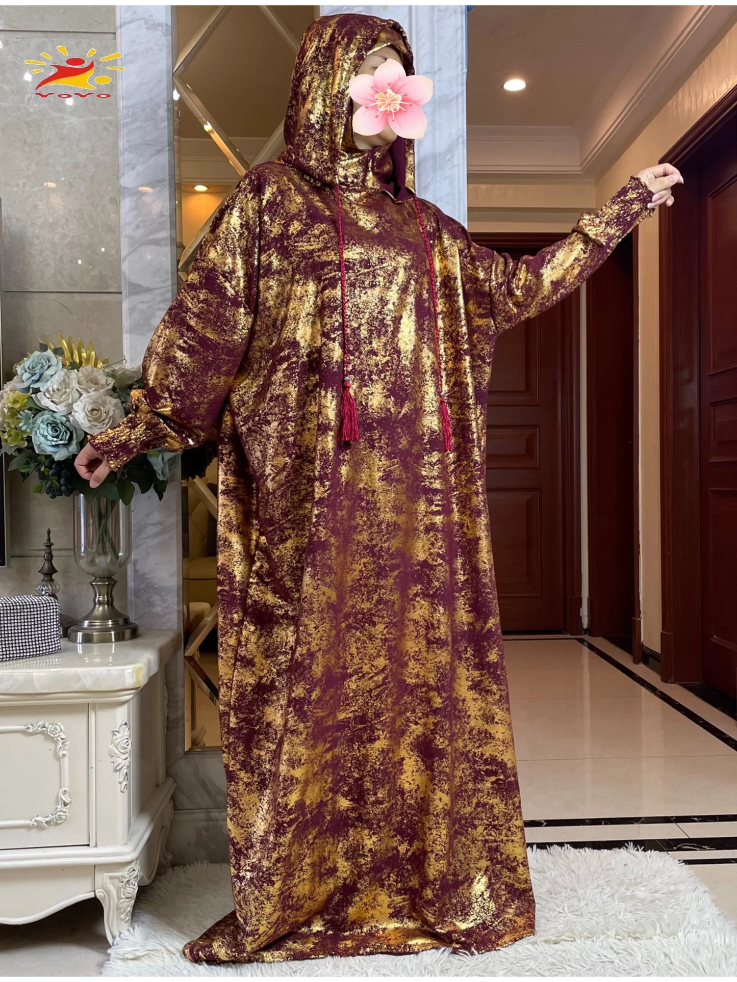 Maxy New Cotton Ramadan Muslim Two-Hat Abaya Dubai Turkey Islam Prayer Clothes Gold Dust   Dress Islam Women Dress Kaftan