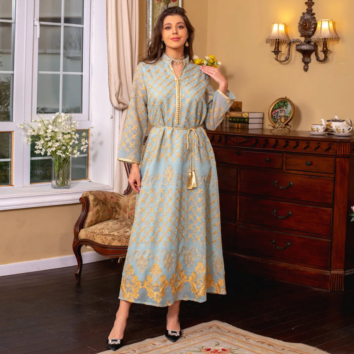 Maxy Party Dress Caftan Ramadan Prayer Abayas Lace-up Gowns Dubai Arabic Kimono Robe Outwear 2024