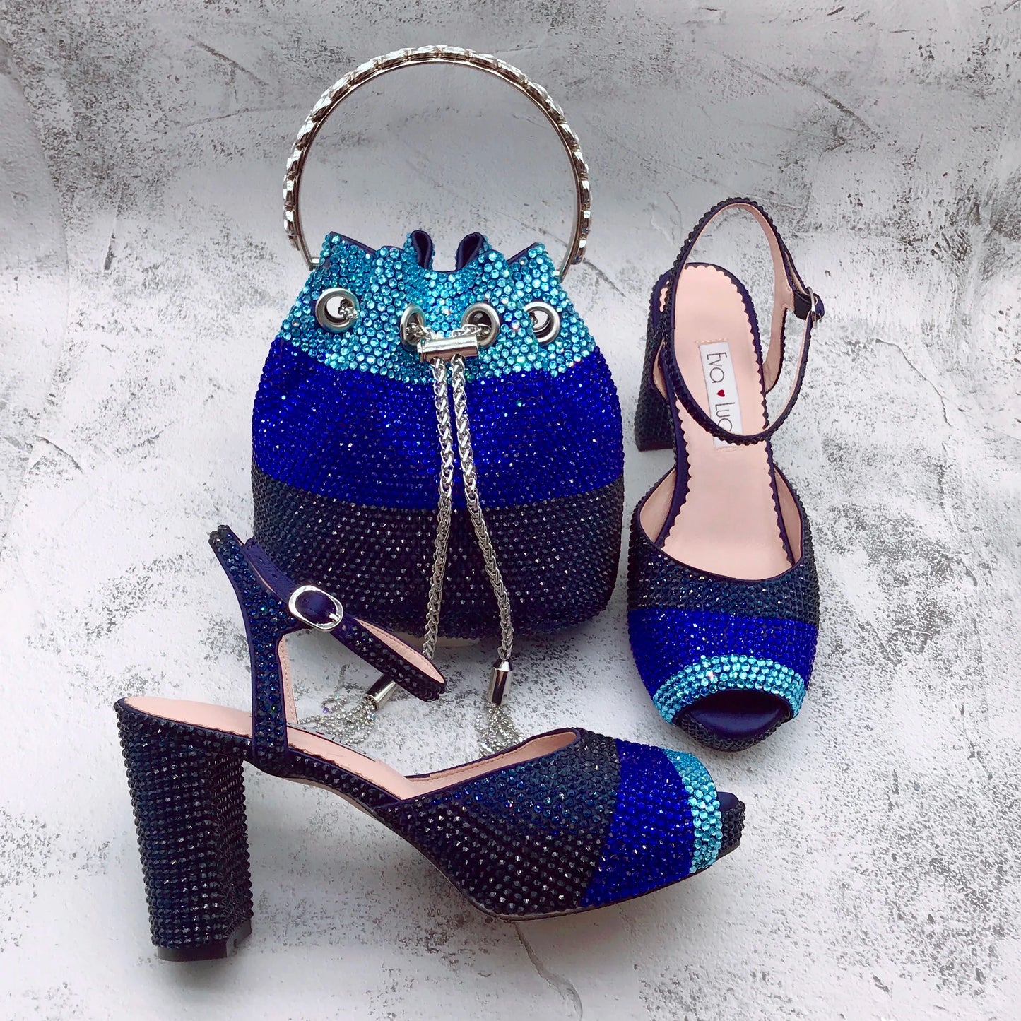 Maxy Luxury Shinning Custom Handmade Royal Blue Rhinestone African Women Shoes and Bag Matching set