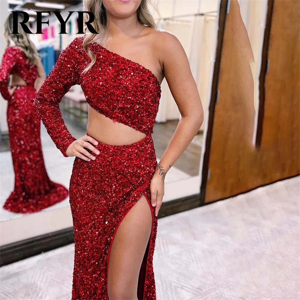 Maxy Red Elegant Sequins Women Evening Dresses One Shoulder Pleats Cut-Out Split Trumpet Prom Formal Gowns Dresses Customized