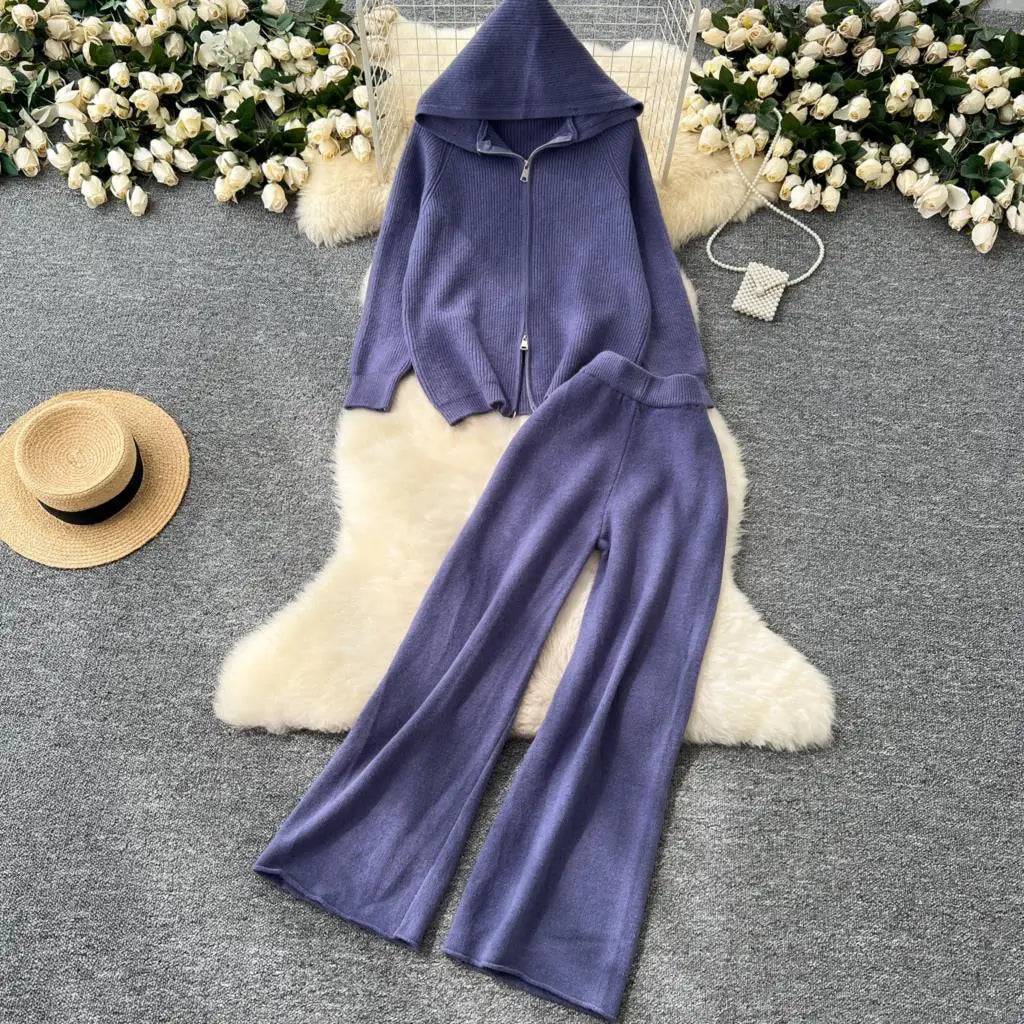 Amay Women 2 Piece Knitted Sweater Pantsuits Winter Fashion Korean Blouses Tops and Casual Pants Set Elegant Female Hoodies Outfits