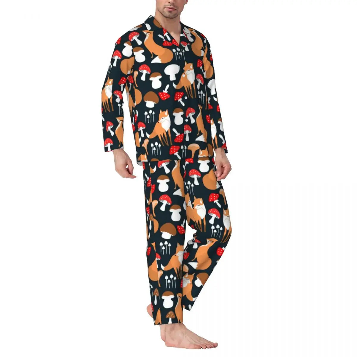 Maxy Cute Fox Print Pajama Sets Funny Christmas Kawaii Sleepwear Man Long Sleeve Loose Leisure 2 Pieces Nightwear Big Size XL 2XL