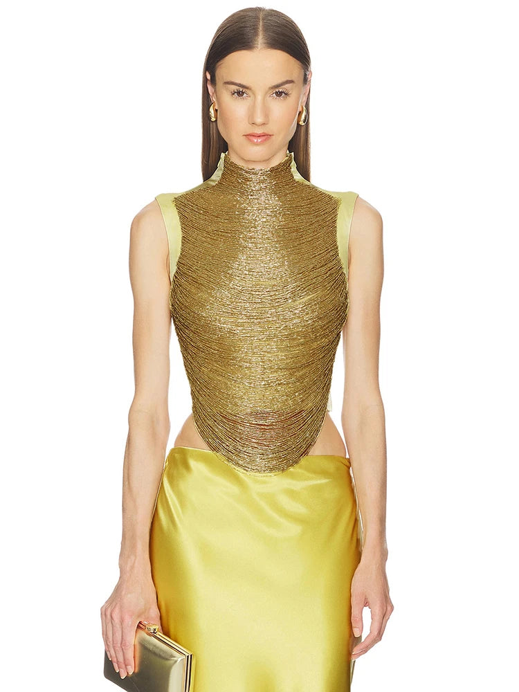2026 Yellow Two-Piece Evening Gown for Women High Neck Gold Textured Crop Top & Bandage Maxi Skirt Wedding Guest Prom Dress