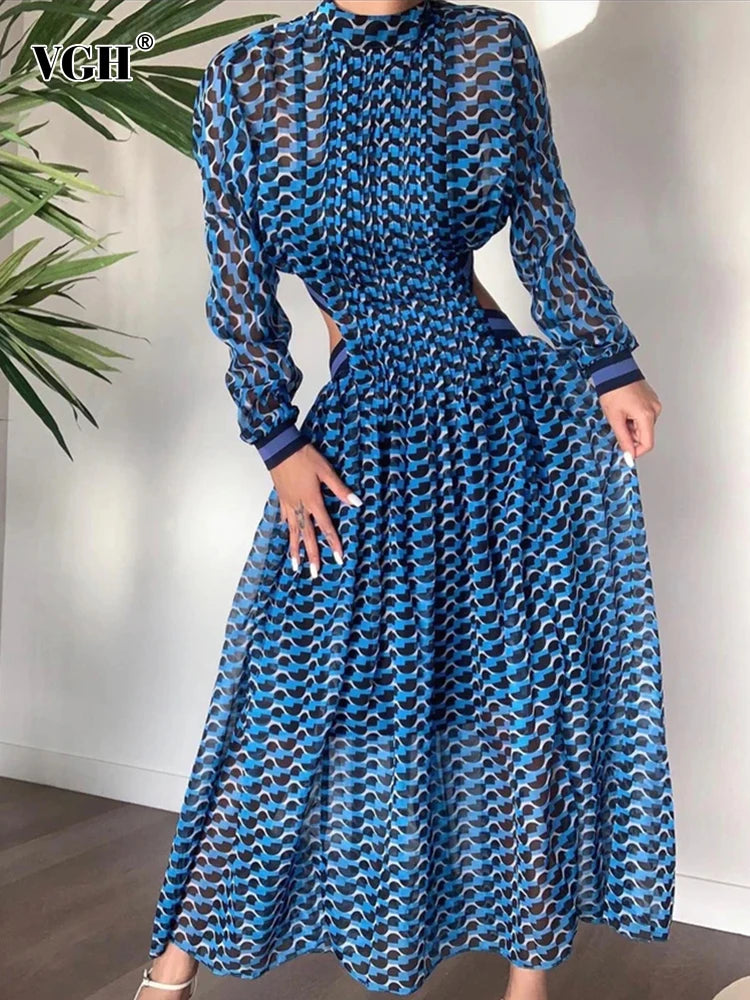 Maxy Hollow Out Printing Elegant Dresses For Women Stand Collar Long Sleeve High Waist Minimalist Dress Female Fashion Clothing