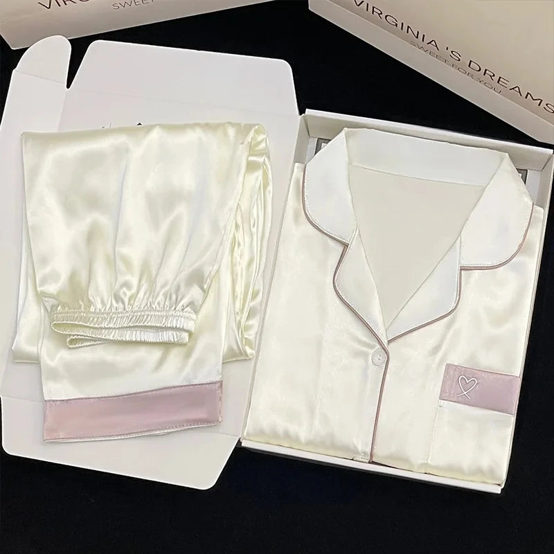 Maxy High Quality Light Luxury Ice Silk Pajamas Women's Pajama Spring and Autumn Style Long Sleeve Home Set Nightwear Sleepwear