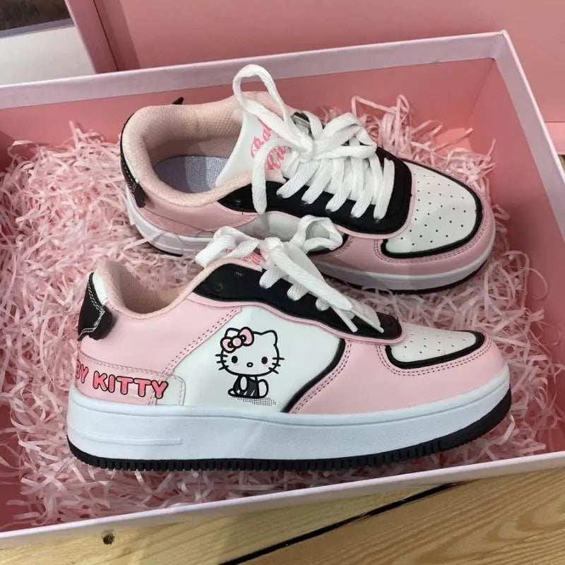 Maxy Cute Hello Kitty Women Sports Shoes Sanrios Leather Board Shoes Anime Kt Printing Sneakers Cartoon Fashion Kawaii Casual Shoes