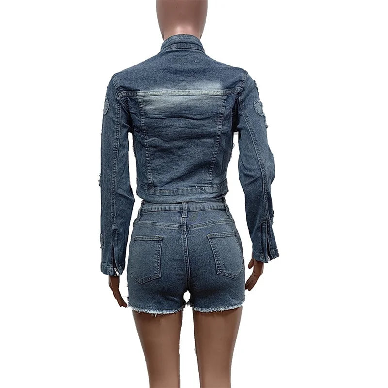 Zay Women Vintage Embroidery Cross Two Piece Sets Zipper Cardigan Button Splice O Neck Short Jacket Female Denim Suits Tassel Shorts