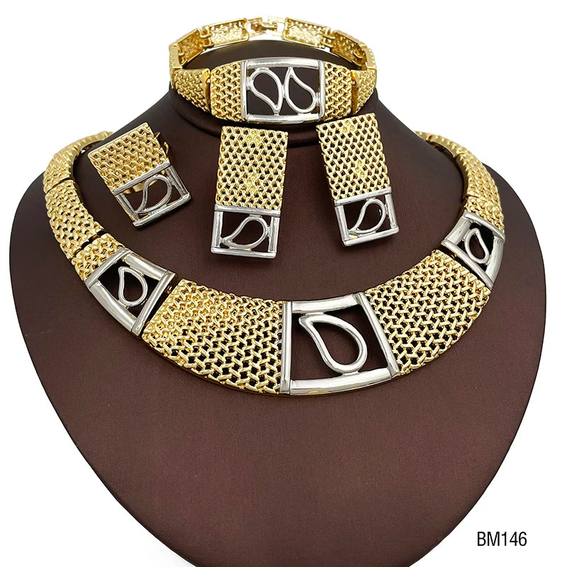 Dubai  Necklace For Women Jewelry Set Two Tone Earrings Ring Afican Wedding Party Item With Daily Wear Women Accessories