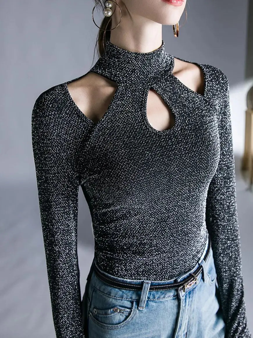 Amay Spring Autumn Long Sleeve Shinning T Shirts Women Hollow Out Stand Collar Tee Shirt Lady High Stretch Slim Top