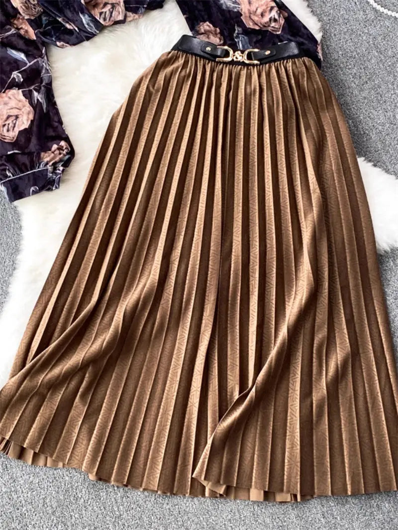 Maxy Fashion Set Women Celebrity Temperament Suit Collar Loose Gold Velvet Shirt 2 Piece High Waist Pleated Skirt Autumn Outfit Z3530