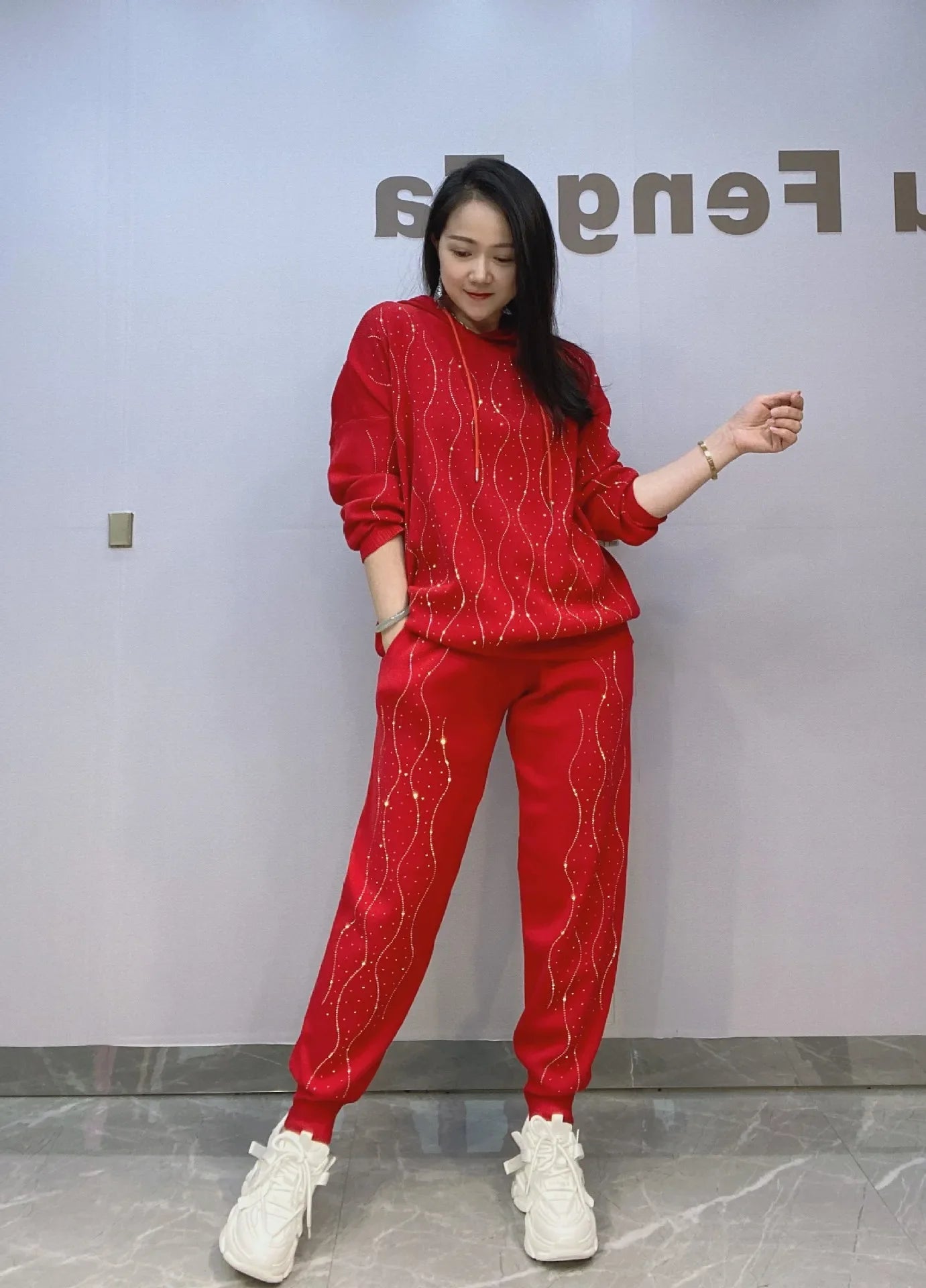 Maxy Fashion Striped Diamonds Sweater Set with Long Pants Women Autumn Tracksuit Loose Casual Hooded Two Piece Sets Womens Outifits