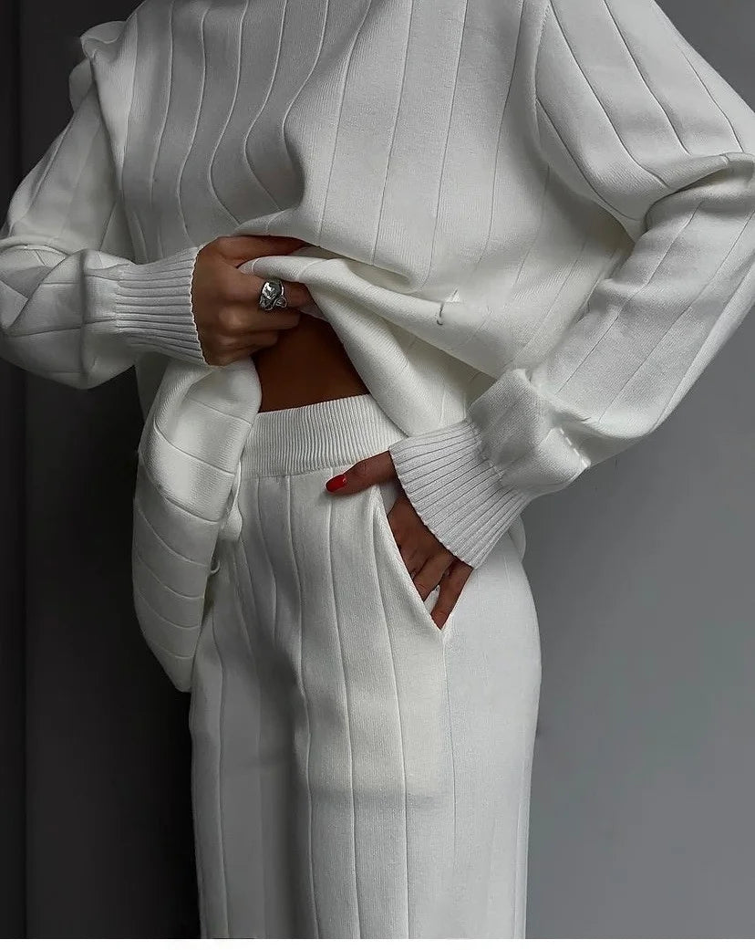Maxy REALEFT Autumn Winter 2 Pieces Women's Sets Knitted Tracksuit Turtleneck Sweater and Straight Jogging Pant Suits Outfits