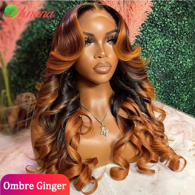 Amay Ombre Ginger Brown Colored 13x6 HD Transparent Lace Frontal Wig Wave Pre-Plucked 12A Grade Lace Closure Human Hair Wig For Women