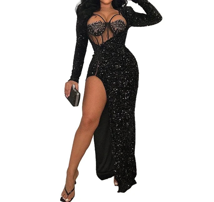 Amay Luxury Dresses Women Sequin Elegant Party Dresses Woman Long Slit Dress Sexy Cocktail Prom Formal Evening Dresses HXY518