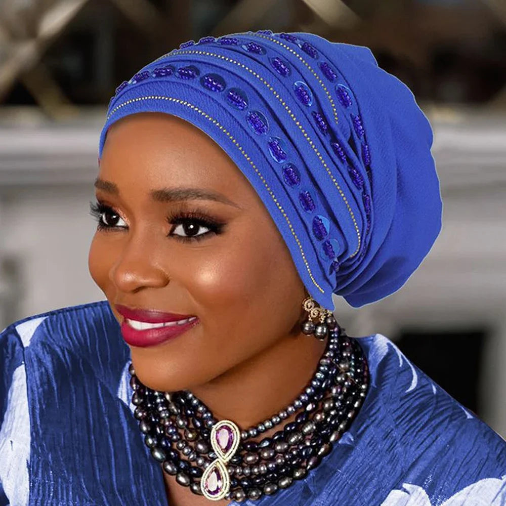 Maxy New Diamonds Turban Cap for Women Muslim Hijab Bonnet Headscarf Nigeria Geles Wedding Hat African Auto Gele Head ties Head Wrap