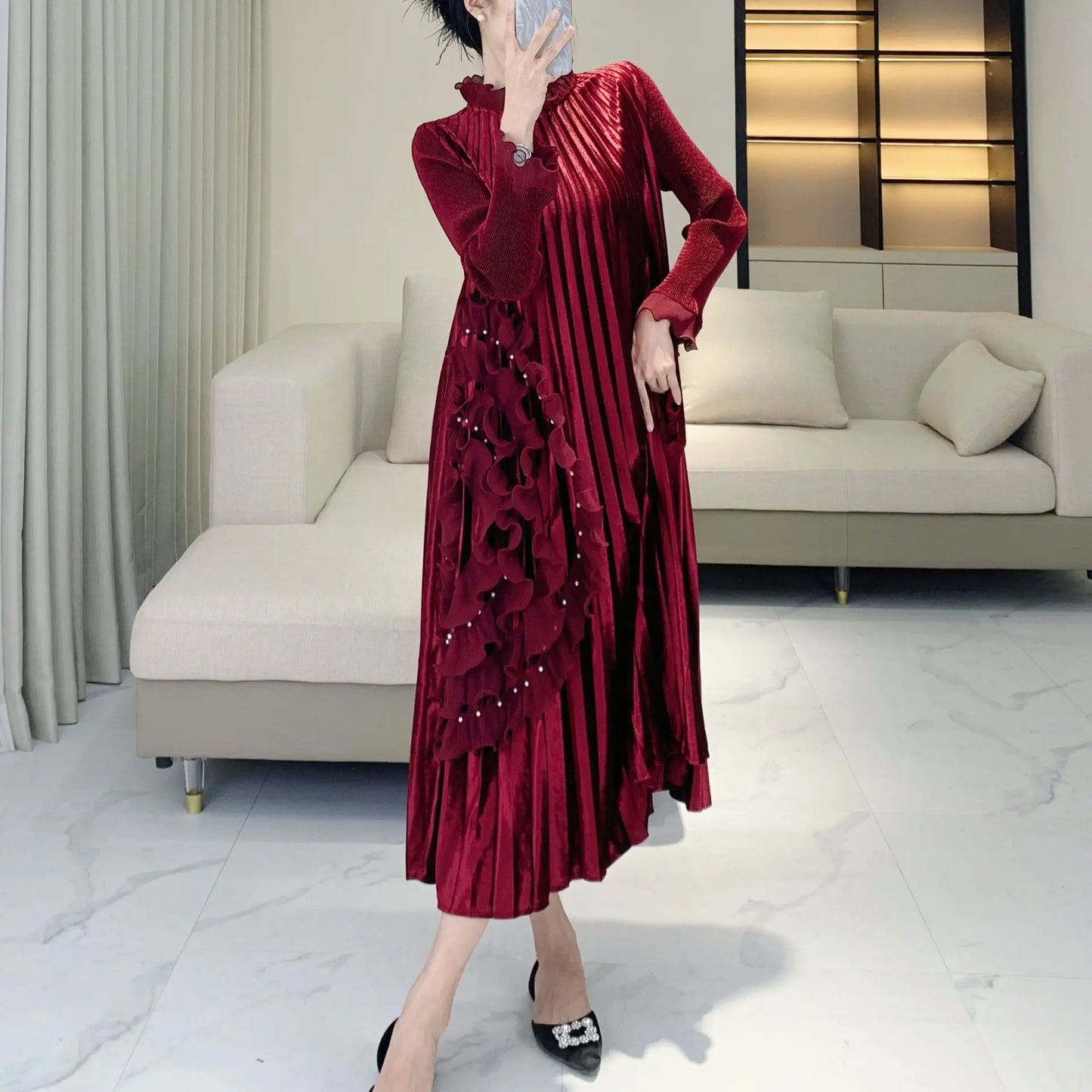 Maxy Light Luxury Velvet Dress Banquet High-end Loose Heavy Industry Beads To Cover The Meat and Show Thinness Ong Dress