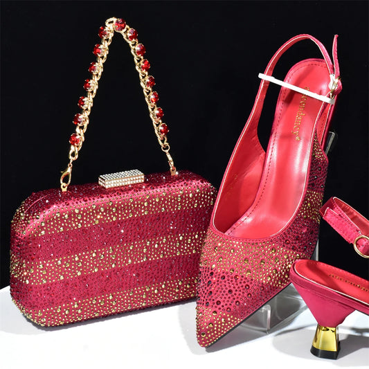 Maxy beautiful hot sell Shoes And Bag Sets for Evening Party with Stones Leather Handbags Match Bags!