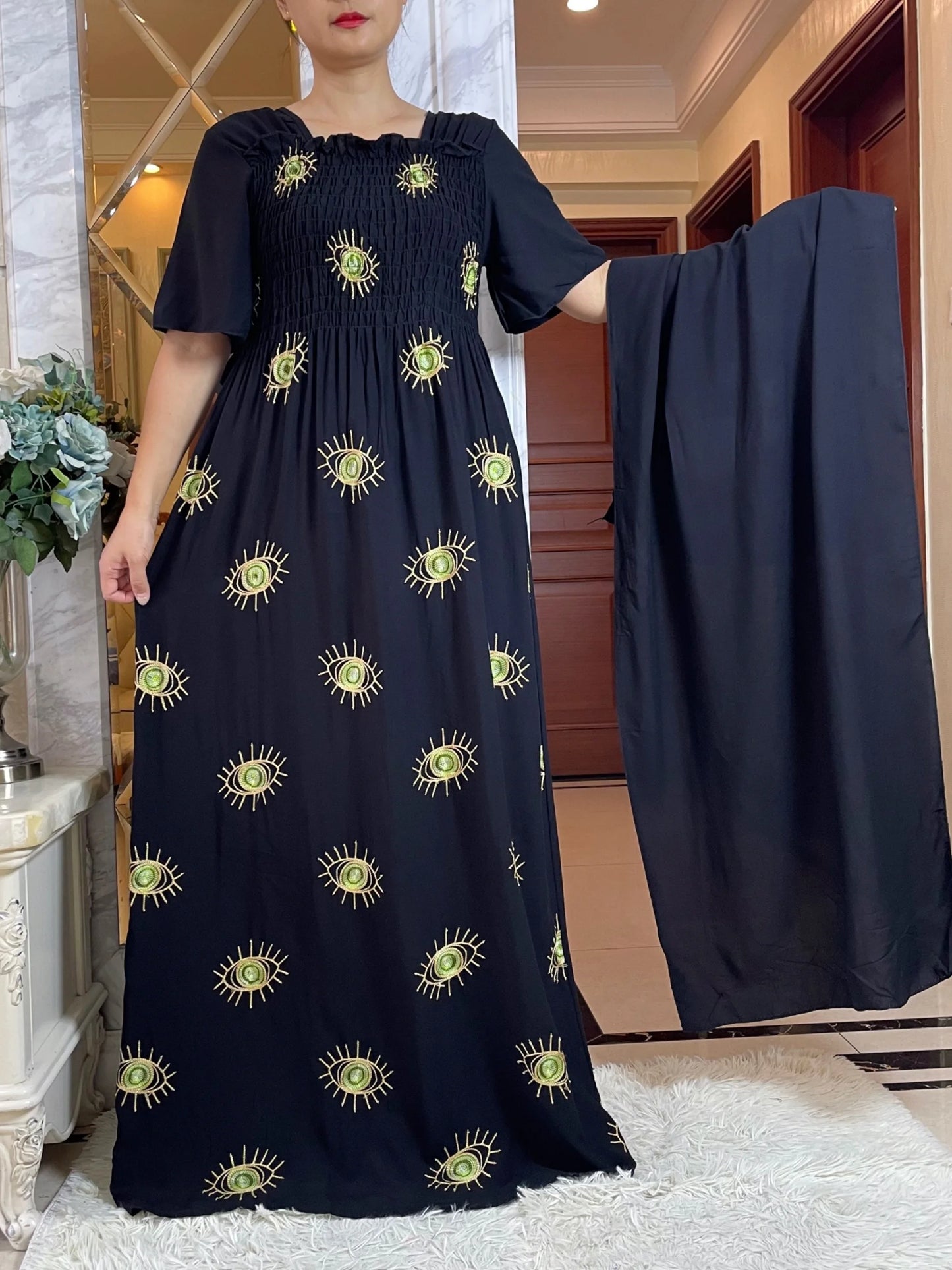 Maxy Summer Fashion Casual Dress Collect Waist Embroider Short Sleeve Loose Woman Maxy Islam African Women Abaya Clothes