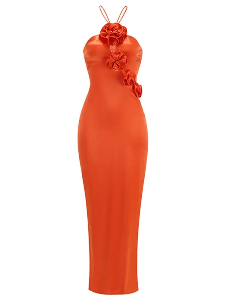 Maxy Women Orange Evening Party Dress Halter Appliques Slim Long Soft Comfortable One Piece Celebrity Gowns Korean Gala Dress