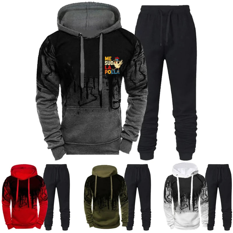 Maxy Men's Hoodie Black Gray Printed ME SUDÁ LA POLA Graphic Sweatshirt Set Tracksuit for Casual Wear and Sport Activities
