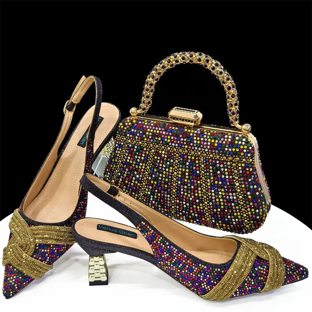 Maxy Fashion Italian Design Exquisite Beaded Flower Embellishment Black Rainbow African Women's Pointed Toe Shoes and Bag Set