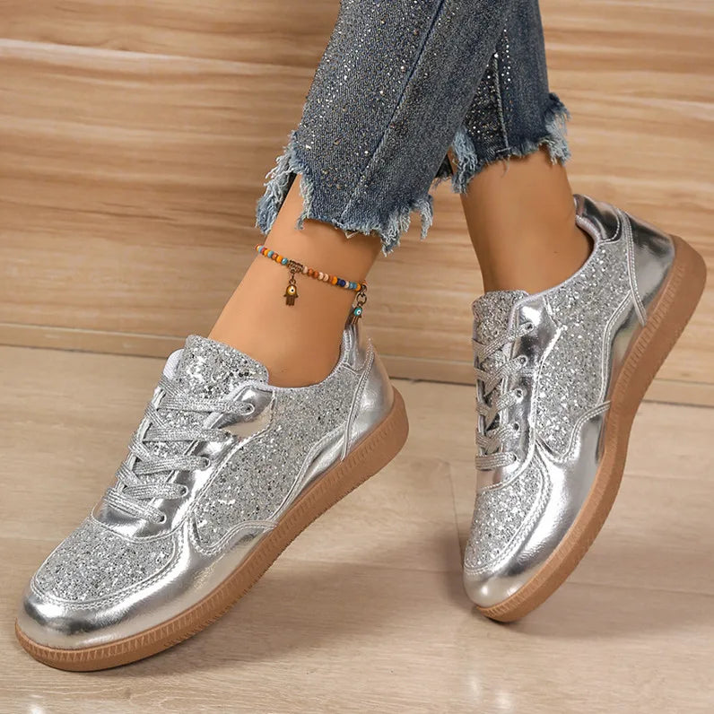 Thick-soled Sequined Comfort Sneakers Women New Fashionable and Versatile Casual Shoes Low-top Lace-up Flat-soled Trendy Shoes