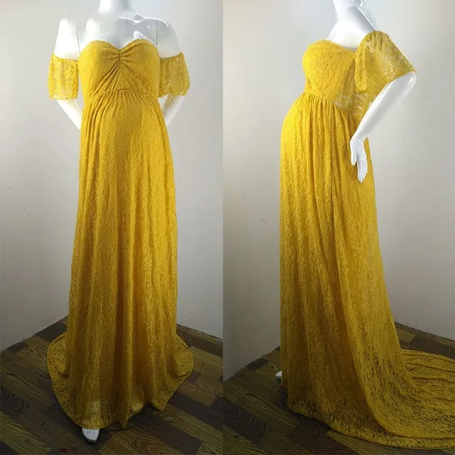 Maxy Pregnant Women Off Shoulder Ruffle Sleeve Lace Maternity Gown Maxi Photography Dress Elegant Pregnancy Dresses for Photo Shoot