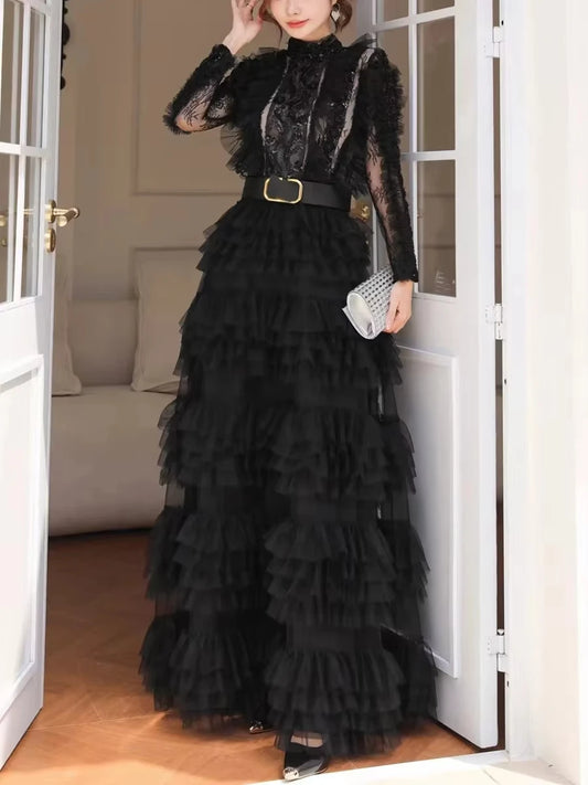 Amay Spliced Lace Hollow Mesh Dresses for Women Stand Collar Long Sleeves High Waist Slim Spliced Sashes Party Dress Female
