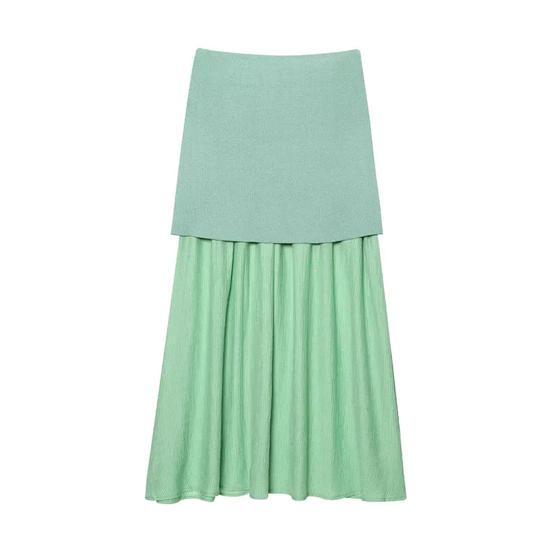 TRAFZA Women 2 Piece Set V-Neck Sleeveless Button Knitted Vest Top+Elegant Splicing High Waist Zipper Long Skirts Holiday Suits