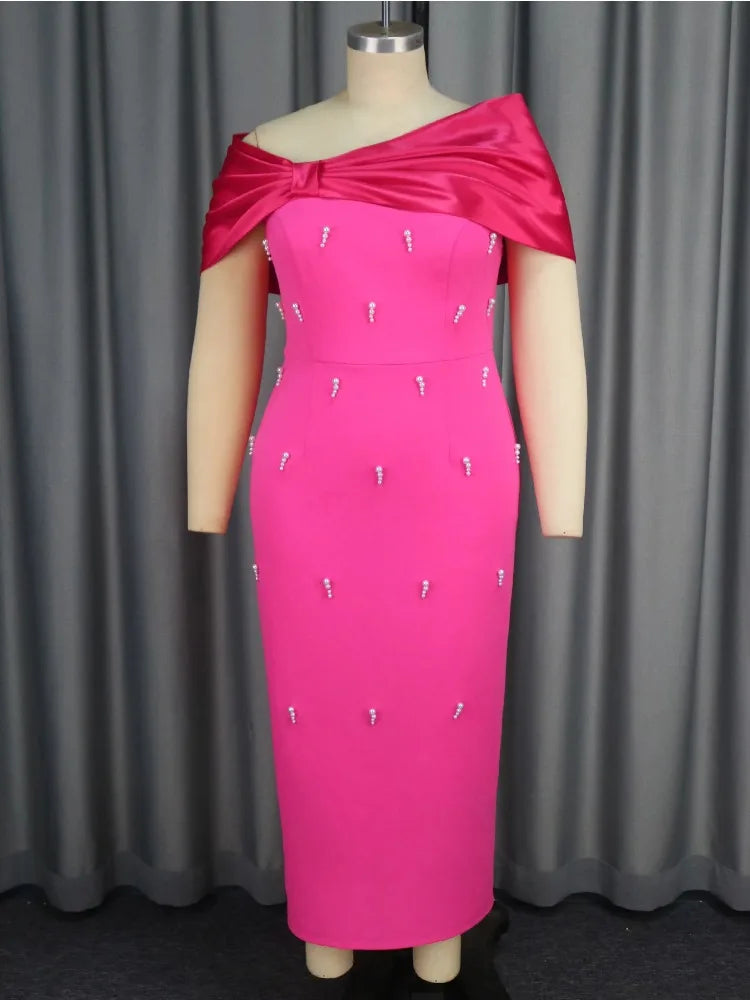 Maxy Off Shoulder Plus Size Midi Dresses with Pearl Embellishments and Bow Perfect for Cocktail Parties Weddings and Formal Occasions