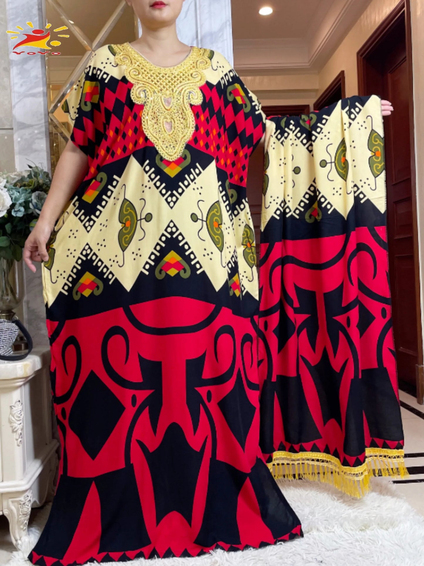 Macy Latest Autumn African Lady Dress with Big Scarf   Cotton Printed Loose Floral Boubou Pocket Maxi Islam Women Short Sleeve