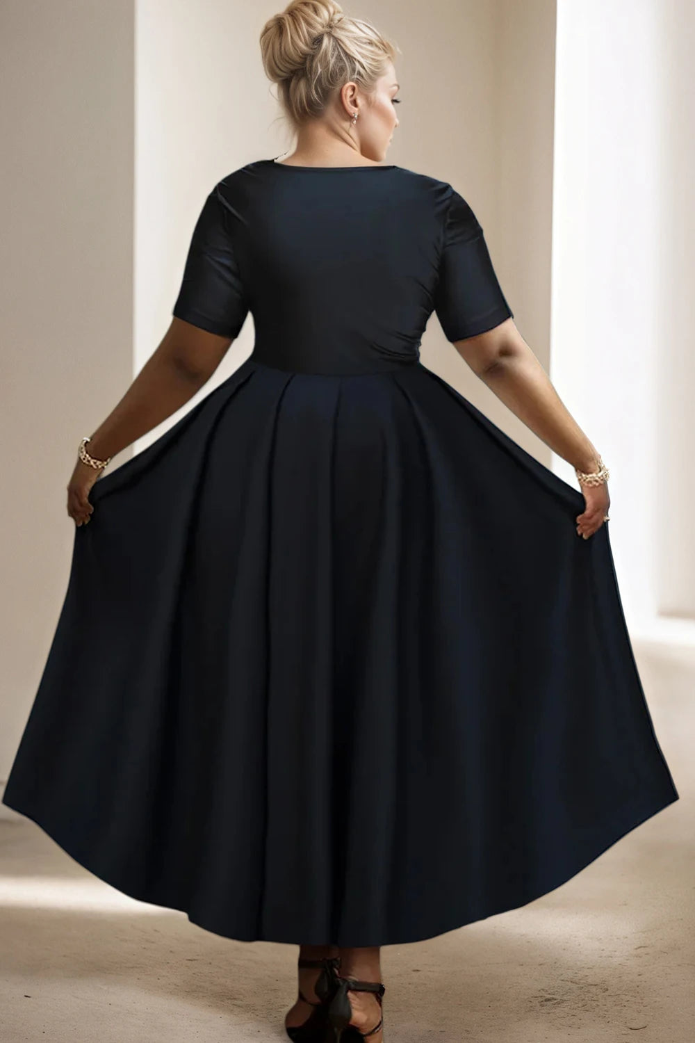 Maxy Women Plus Size Black Dress Short Sleeve Summer Casual Pleated A-Line Basic Long Dress Round Neck Fashion Evening Party Dresses