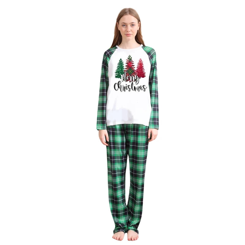 Maxy Christmas Matching Pajamas Christmas Tree Print Long Sleeve Shirt and Elastic Plaid Pants Set Loungewear Soft Sleepwear