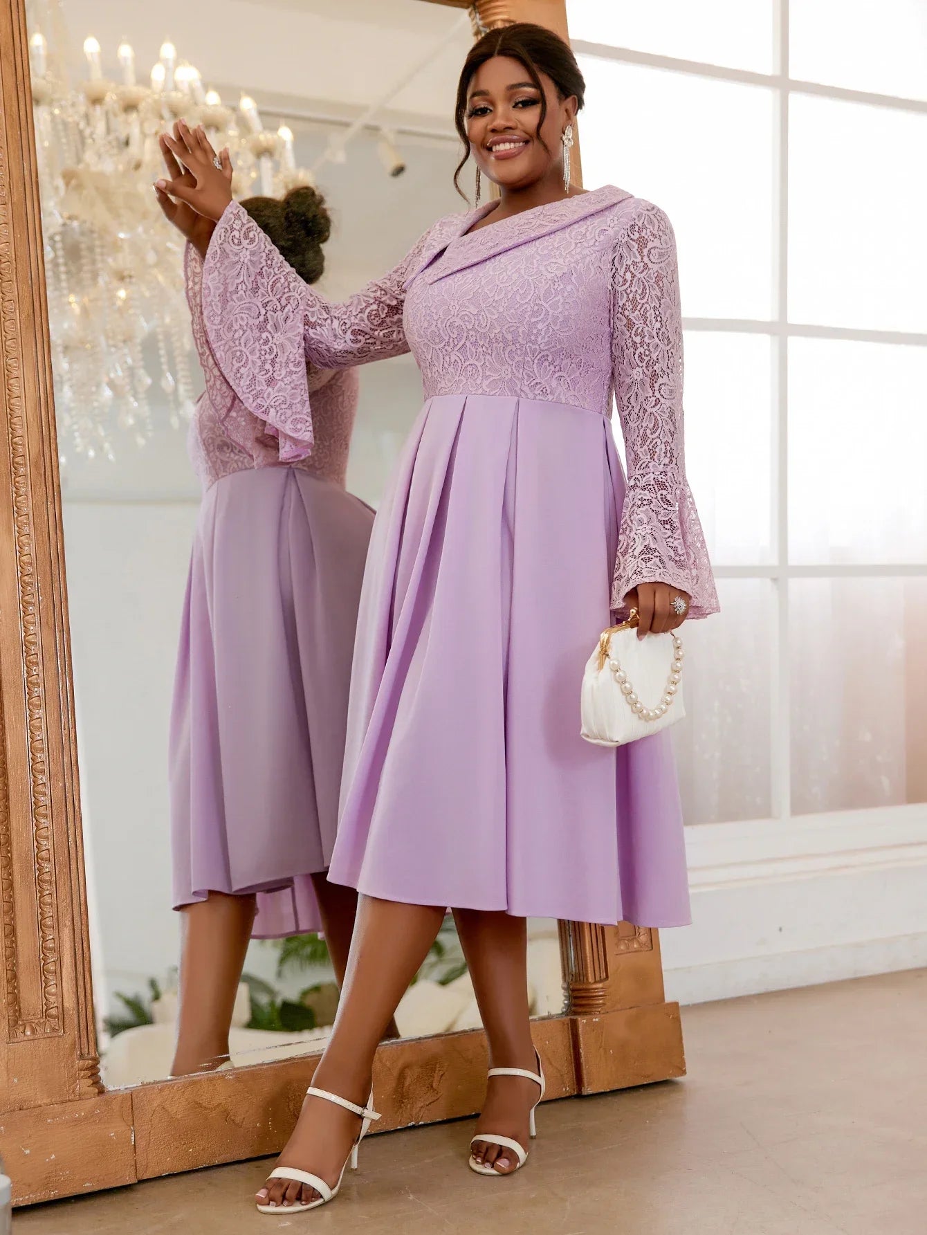 Babs Elegant Ball Evening Dress Women's Plus Size Purple Lace A-line Dress Irregular Collar Long Horn Sleeve Fold Dresses