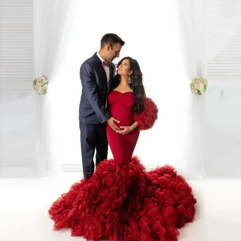 Maxy Hot Maternity Dresses Photoshoot Tulle Maxy Gown Baby Shower Ruffles