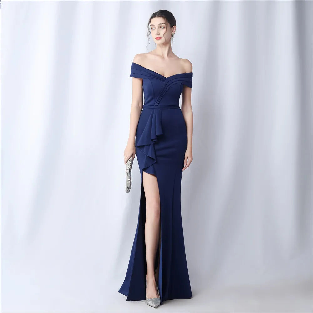 Maxy Evening Dresses Navy Blue Stretchy Off the Shoulder Ruffles Zipper Back Mermaid Slit Floor Length Women Party Formal Gowns YE038