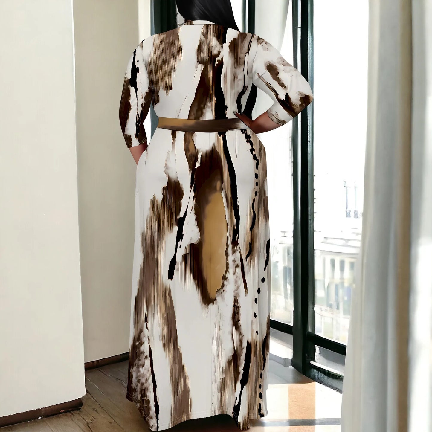 Maxy Plus Size for Women Summer Casual Floral Printing V Neck 3/4 Sleeve Maxy Floor Dress Lace Up Beach Sundress