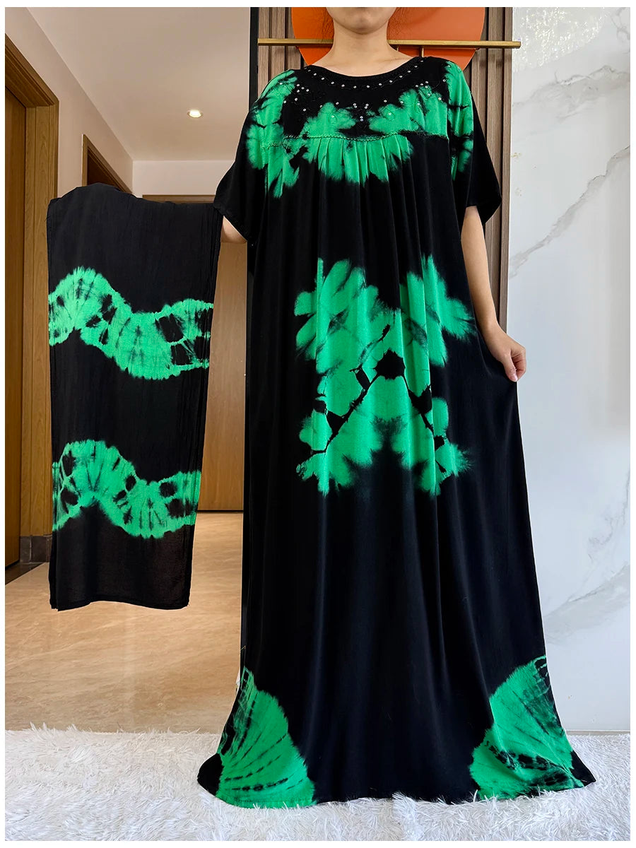 Maxy 2 Pieces Africa Dashiki Floral Printing Loose Cotton Caftan Lady Summer Maxy Casual Dresses With Big Scarf Short Sleeve